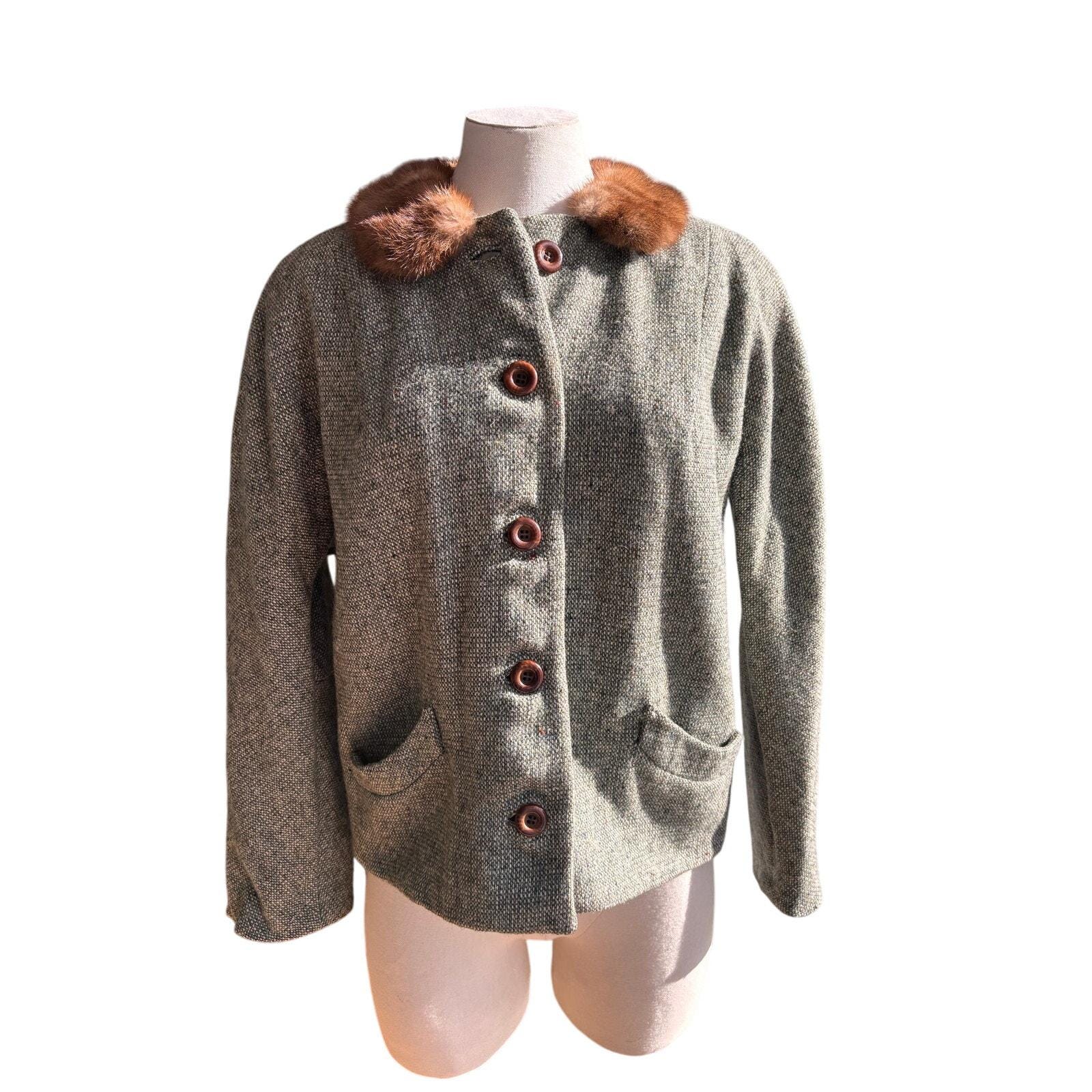 Vintage Tweed Forrest Green Brown Fur Collar Jacket Women's Size S Neusteters CO