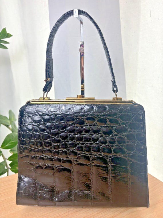 Vintage Alligator Sterling Handbag Co. Large Purse Bag BLACK Glossy Mirror