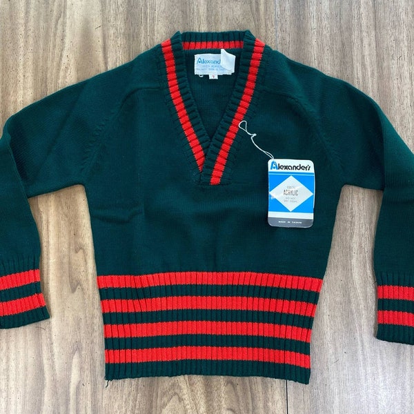 Pull à col en V pour enfant Alexander's NWT vintage 1970, acrylique vert et rouge, taille 7