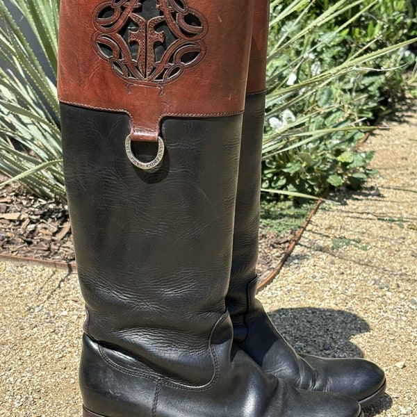 Frye Tall Riding Boots Two Tone Black Brown Filligree Detail 7.5 B Mexico