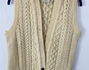 Vintage Aran Sweater Wool Irish Cableknit Long Vest 3 Buttons 40