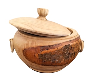 Rustic Wooden Sugar Bowl With Lid ,Wide Mouth Candy Pot ,Wood Turned Bowl With Lid ,Natural with Tree Barks wooden bowlwith lid, Bark Edge