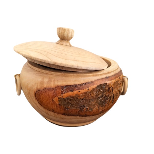 Rustic Wooden Sugar Bowl With Lid ,Wide Mouth Candy Pot ,Wood Turned Bowl With Lid ,Natural with Tree Barks wooden bowlwith lid, Bark Edge