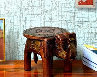 Table en bois éléphant, tabouret éléphant Artisanat indien, décoration d'intérieur peinte à la main, art indien de collection, décoration de chambre, décoration de table