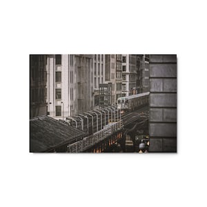 Large Metal Print of the Chicago &quot;L&quot; Train Making It&#39;s Way Through Downtown Buildings