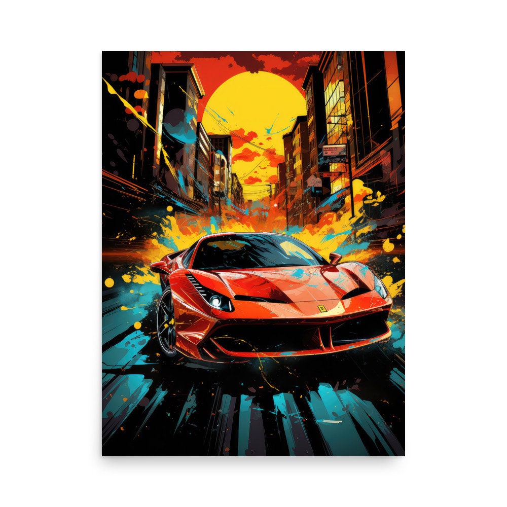 Ferrari 488 Poster, Unique Comic Style Wall Art, Unframed Vibrant Decor