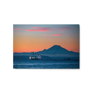 Large Metal Print of Pacific Northwest Ferry in Puget Sound with Mt. Rainier in the Distance