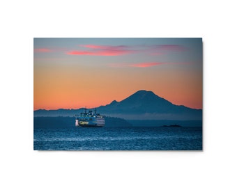 Large Metal Print of Pacific Northwest Ferry in Puget Sound with Mt. Rainier in the Distance