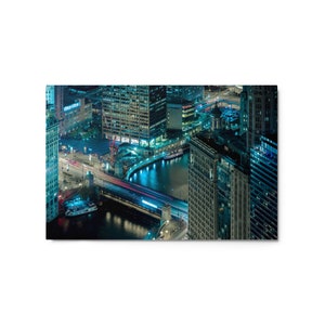 Downtown Chicago Riverfront at Night: Large Metal Print