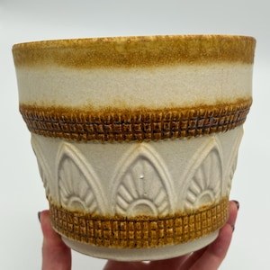 May include: A beige ceramic plant pot with a textured, geometric design. The pot has a wide, cylindrical shape with a brown band at the top and bottom, and a repeating pattern of stylized arches. The pot is held by a hand.