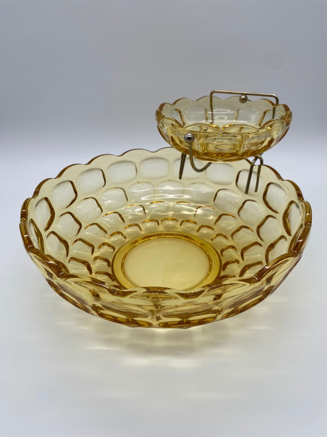 Imperial Glass Tiered Gold Chip and Dip Bowl Set MCM Amber Glass Chip