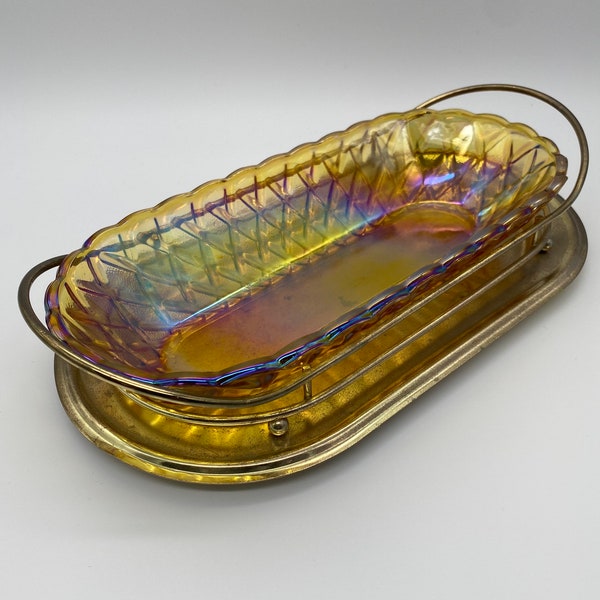 Indiana Carnival Glass Iridescent Amber Basket Weave Celery Dish with Metal Tray | Vintage Iridescent Depression Amber Glass
