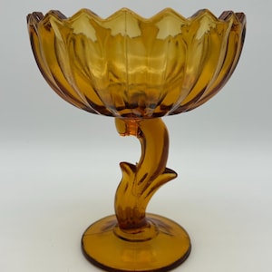 Vintage Indiana Glass Co Amber Lotus Blossom Pedestal Compote Art Nouveau | MCM Art Deco Indiana Glass Pressed Glass Pedestal Candy Dish