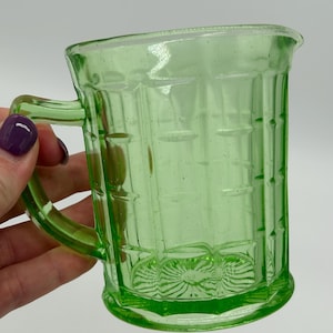 Vintage Hazel Atlas Colonial Block Green Depression Glass Uranium Creamer Pitcher | Uranium Glow Glass Creamer Pitcher 1930s