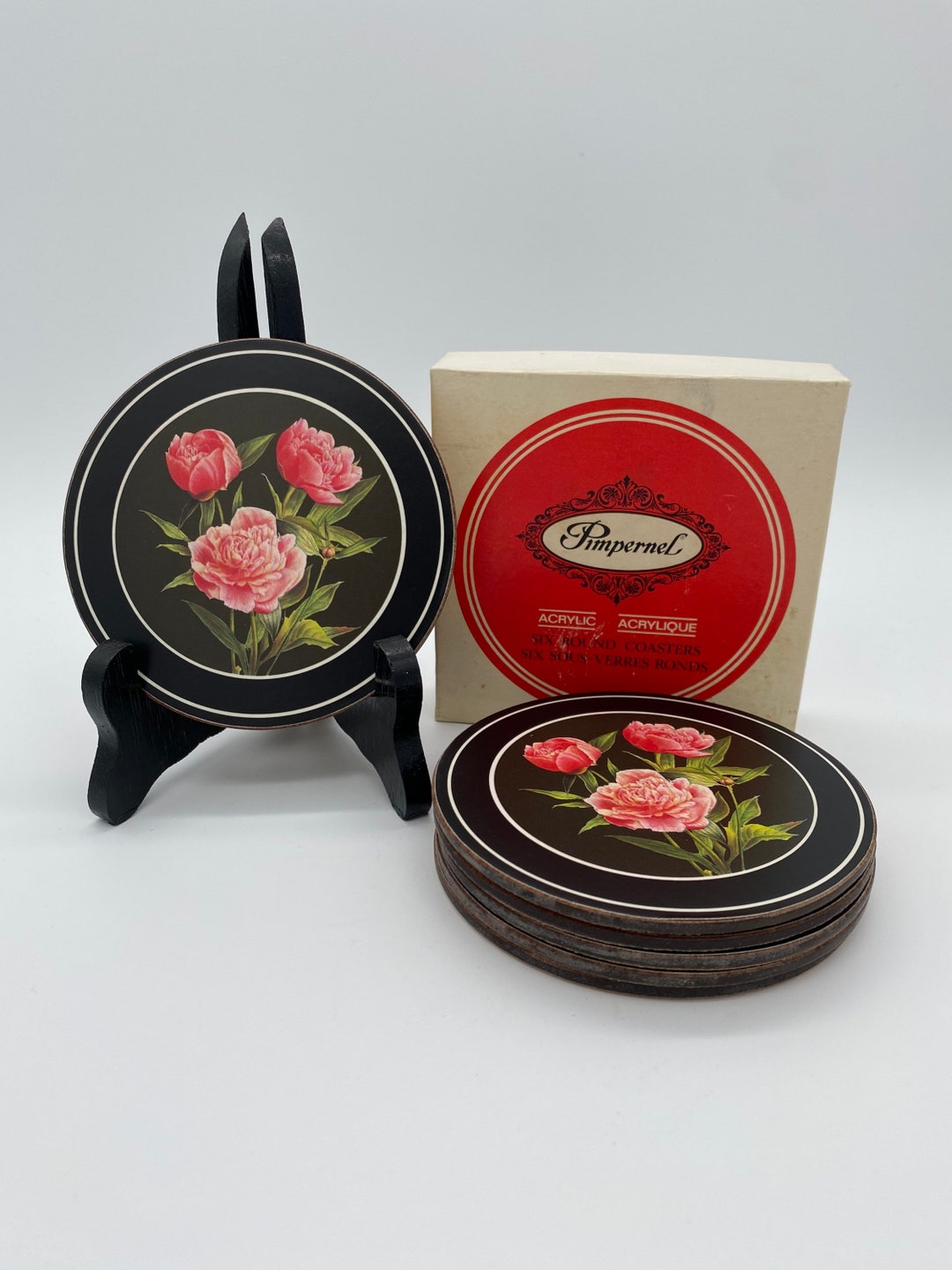 Vintage Pimpernel Acrylic Round Coasters Peony Spray Set of 6 Vintage