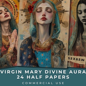 Maagd Maria goddelijke Aura/Heilige Maria Junk Journal Kit/digitaal plakboek/commercieel gebruik/24 afdrukbare halve papieren