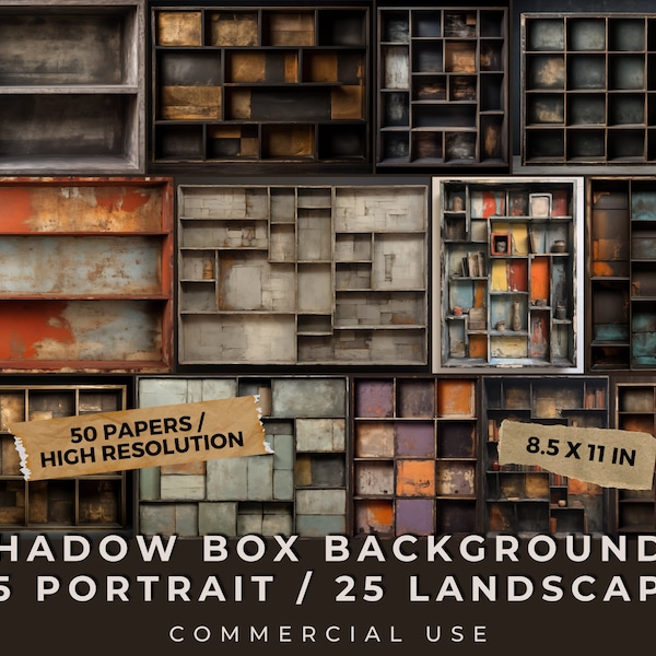 Retro Grunge Shadow Box Set / 50 Digital Backgrounds / Junk Journal Kit / Scrapbook / Commercial Use / 8.5x11 Printable Vintage Papers