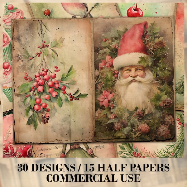 Watercolor Pink And Green Christmas / Half Papers / Junk Journal / Digital Scrapbook / Commercial Use  / Double Pages / 30 Printable Designs