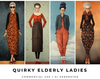 Quirky Elderly Lady / Whimsical Elderly Ladies / Junk Journal Kit / Commercial Use  / Tall Skinny Designs / 30 Printable Designs / 15 Pages