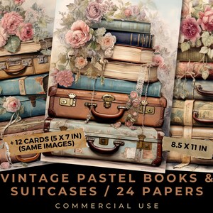 vintage Pastel Books & Suitcases Journal / Mixed Media / Junk Journal Kit / Scrapbook / Utilisation commerciale / 24 papiers imprimables / 24 cartes