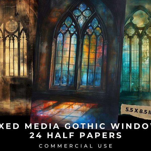 Mixed Media Gothic Windows / Eerie Gothic Window / Junk Journal Kit / Digital Scrapbook / Commercial Use  / 24 Printable Half Papers