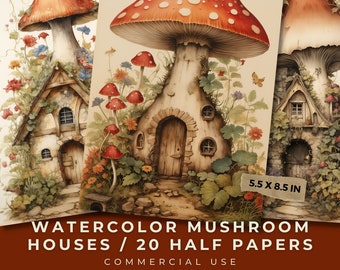 Watercolor Gnome Mushroom House Papers: Whimsical Junk Journal (Digital Download)