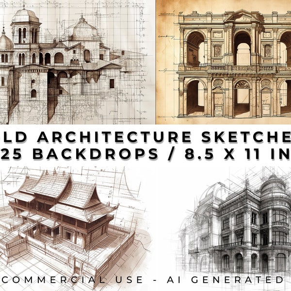 Old Architecture Sketches / Architectural Drawings / Historic Buildings Junk Journal / Digital / Commercial Use / 25 Printable Backdrops