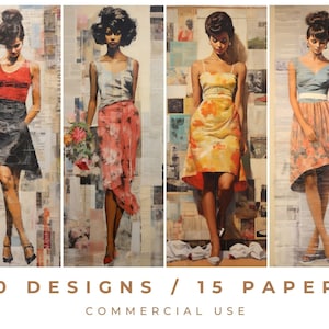 50s Women Newspaper Collage Print / Junk Journal Kit / Digital Scrapbook / Commercial Use  / Tall Designs / 30 Printable Designs / 15 Pages