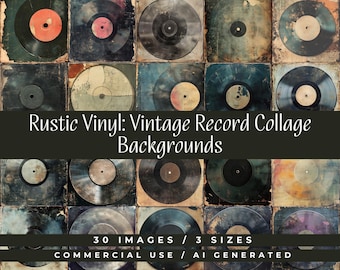 Può includere: Un collage di dischi in vinile vintage, con etichette e custodie usurate. L'immagine presenta una varietà di colori, tra cui nero, marrone e sfumature di blu e arancione. Il testo in basso recita "Rustic Vinyl: Vintage Record Collage Backgrounds".