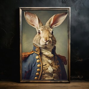 Pintura de conejo militar renacentista / Retrato de almirante de liebre / Cartel de animal naval vintage / Impresión de cartel de arte / Victoriano gótico