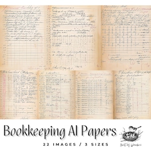 May include: A collection of vintage bookkeeping papers with handwritten entries in black ink. The papers are aged and have a yellowed appearance. The papers are arranged in a grid pattern and have ruled lines. The papers are labeled with titles such as "Paniera Asiddy 81", "The Current Obligations", and "10 a day etc."