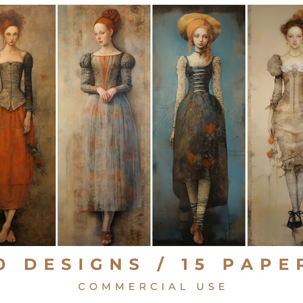 Whimsical Renaissance Women Print / Junk Journal Kit / Digital Scrapbook / Commercial Use  / Tall Designs / 30 Printable Designs / 15 Pages