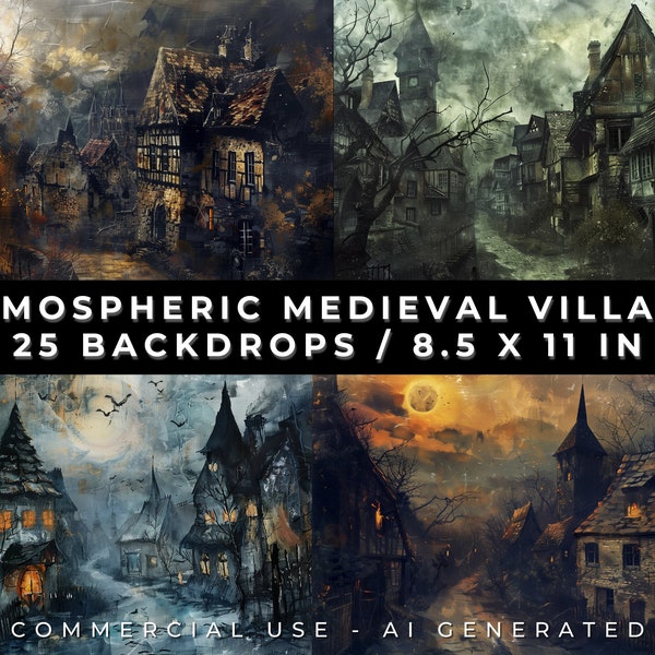 Atmospheric Eerie Medieval Village / Textured Painting / Spooky Village Junk Journal / Digital / Commercial Use / 25 Printable Backdrops