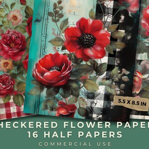 Páginas de diário com flores xadrez, papel para scrapbook para impressão (download digital)