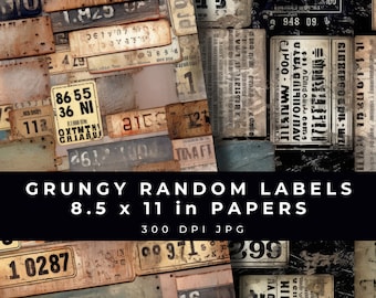 May include: A digital paper pack with a grunge aesthetic featuring a collection of 8.5 x 11 inch digital papers with random labels and numbers. The papers are in a variety of colors and textures, including brown, black, white, and yellow. The papers are 300 DPI JPG.