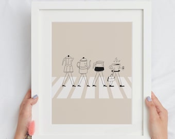 Walking Coffee Cups Art ,  Cafe Wall Decor, Coffee Illustration Digital Download