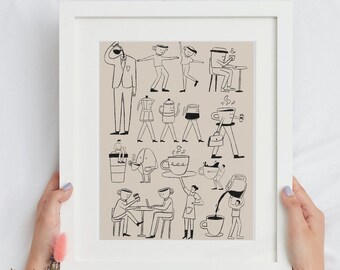 Coffee Character Art Print, Whimsical Line Art (Digital Download)