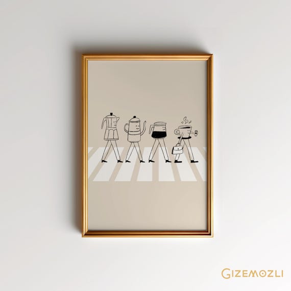 Walking Coffee Cups Art ,  Cafe Wall Decor, Coffee Illustration Digital Download