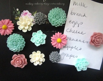 Flower Magnets, 12 pc, Fridge Magnets, Cubicle Decor, Desk Magnets, Locker Magnets, Office Supplies, Rose Pink, Green, Gray, Ivory
