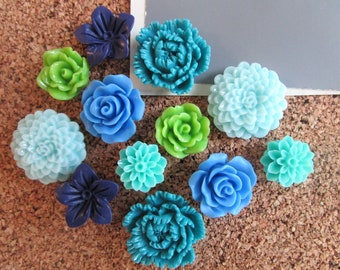 Flower Thumbtack Set, 12 pc Pushpin Set in Teal, Blue, Aqua and Spring Green, Bulletin Board Tacks, Wedding Decor, Art Boards, Office Supply
