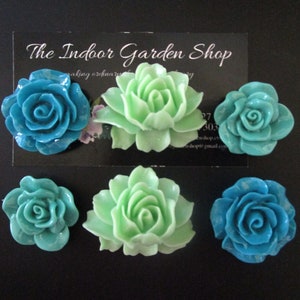 Fridge Magnets, 6 Large Flower Magnets, Mint Green, Peacock Blue, Cubicle Decor, Office Decor, Locker Magnets