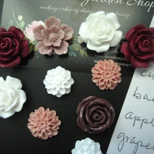 Flower Magnets, Fridge Magnet Set, Locker Magnet, Cubicle Decor, Burgundy, Mauve, White image 5