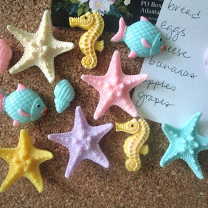 Pushpins, 12 Ocean Themed Thumbtacks, Sea Creature Push Pins, Starfish, Seahorse, Tropical Fish, Seashells, Cubicle Decor, Dorm Room Decor