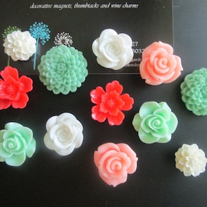 Magnets, Fridge Magnets, 12 pc Flower Magnets, Coral, White Peach and Green, Kitchen Decor, Small Gift, Wedding Favor, Stocking Stuffer