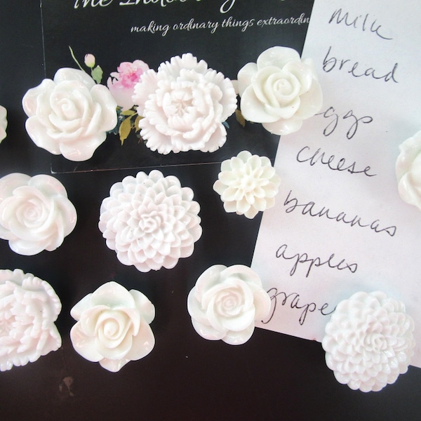 White Magnet Set, 12 Fridge Magnets, Decorative Magnets, Flower Magnets, Locker Magnets, Cute Office Supply