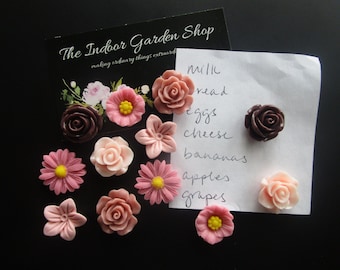 Magnets, 12 pc, Strong Fridge Magnets, Cubicle Decor, Office Supply, Desk Magnets, Pink and Brown Flower Magnets, Photo Board Magnets