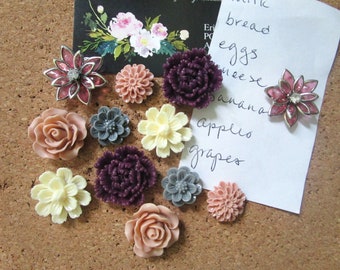 Pretty Thumbtacks, 12 pc Pushpins in Plum, Dusty Rose, Gray, Ivory, Bulletin Boards, Wedding Favors, Art Boards, Small Gifts, Office Supply