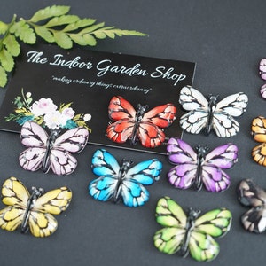 May include: Assortment of ten colorful butterfly embellishments with black outlines. The butterflies are made of resin and have a glossy finish. The butterflies are arranged in a semi-circle on a black background. The text "The Indoor Garden Shop" is visible in the background.