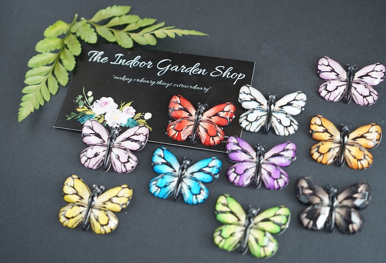 May include: Assortment of ten colorful butterfly embellishments with black outlines. The butterflies are made of resin and have a glossy finish. The butterflies are arranged in a semi-circle on a black background. The text "The Indoor Garden Shop" is visible in the background.