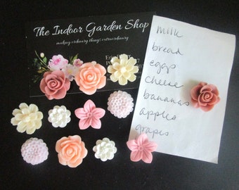 Magnet Set, 12 Flower Magnets, Office Supplies, Cubicle Decor, Strong Magnets, Locker Magnets, Pinks, Neutrals